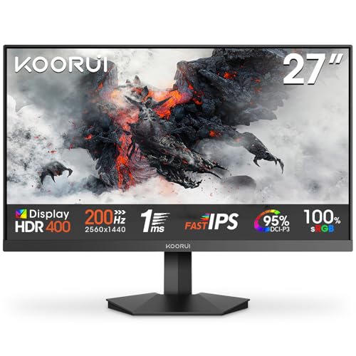 KOORUI G2721P 27 Zoll Gaming Monitor, QHD 2560x1440 Fast IPS 200Hz Bildschirm, 1ms GTG HDR400 Adaptive Sync HDMI/DP VESA 75x75mm von KOORUI
