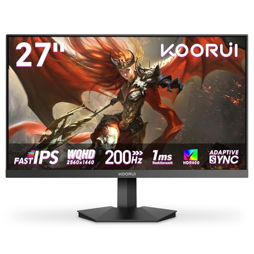 KOORUI G2721P 27 Zoll Gaming Monitor, QHD 2560x1440 Fast IPS 200Hz Bildschirm, 1ms GTG HDR400 Adaptive Sync HDMI/DP VESA 75x75mm von KOORUI