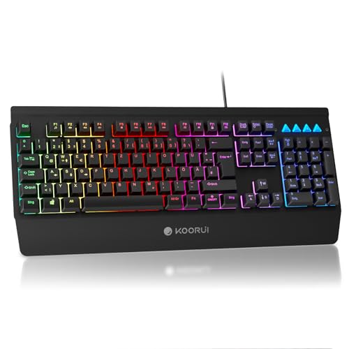 KOORUI Gaming Tastatur, Deutsches QWERTZ-Layout mit Handballenauflage Ghosting Schutz Tastaturen USB Kabel 12 Multi Media Tasten für Windows MacOS Linux -Schwarz von KOORUI