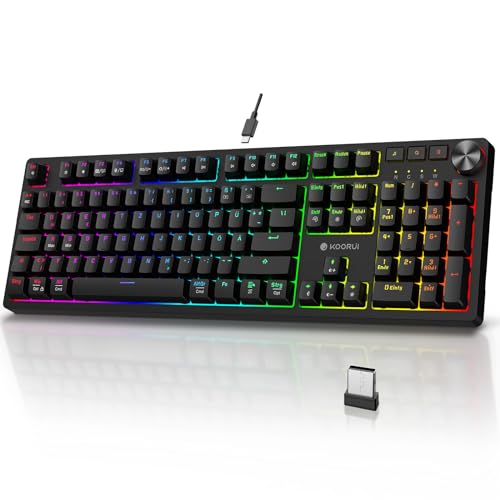 KOORUI Gaming Tastatur, Mechanisch Tastatur Kabellos/Kabelgebunden/Bluetooth RGB Keyboard Wiederaufladbare Batterie Full Size Tasten Deutsches Layout QWERTZ für Windows MacOS Linux-Rotem Schalter KOORUI Gaming Tastatur, Mechanisch Tastatur Kabellos/Kabelgebunden/Bluetooth RGB Keyboard Wiederaufladbare Batterie Full Size Tasten Deutsches Layout QWERTZ für Windows MacOS Linux-Rotem Schalter von KOORUI