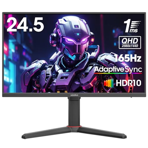 KOORUI 24.5 Zoll Gaming Monitor, QHD(2560x1440), 165Hz, 1ms, IPS, AdaptiveSync, Höhenverstellbar, VESA 75x75mm, Eye Care, HDMI, DisplayPort, Schwarz von KOORUI