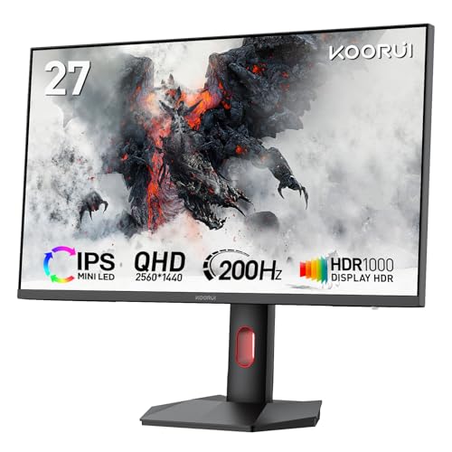 KOORUI S2721PM 27 Zoll Gaming Monitor, Mini LED IPS QHD 2560x1440 200Hz, HDR 1000 1ms Adaptive-Sync, Schwenkbarer Höhenverstellbarer PC Bildschirm mit VESA 100x100mm von KOORUI