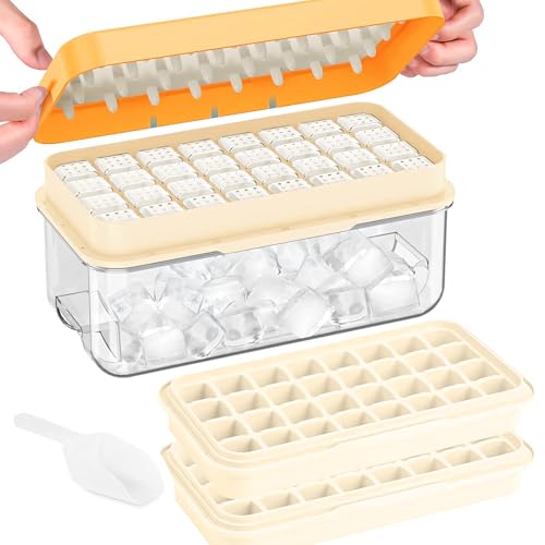 Eiswürfelschalen mit Deckel, 64 Gitter Eiswürfelform - BPA-frei, quadratische Eiswürfelschalen mit einfacher Freigabe in einer Sekunde (Gelb, 2 Ebenen) von KOOSREEL