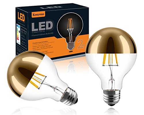 KOOYWAN LED G80 E27 Filament Lampe 6 Watt Kopfspiegel Gold 2700K Warmweiß Goldene Krone Halb Verchromte Schattenlose Glühlampe 2 Stk von KOOYWAN