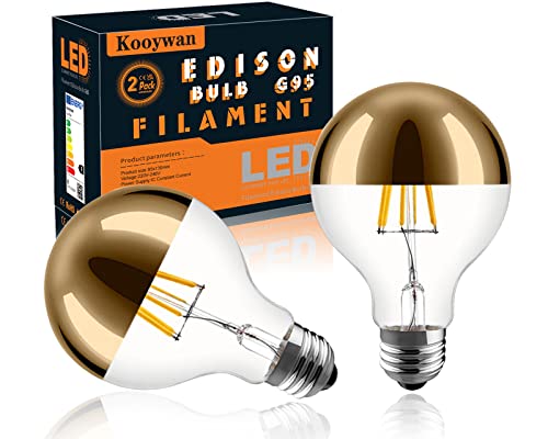 KOOYWAN LED Kopfspiegel Gold G95 E27 Filament Lampe 6 Watt 2700K Warmweiß Goldene Krone Halb Verchromte Schattenlose Glühlampe 2 Stk von KOOYWAN