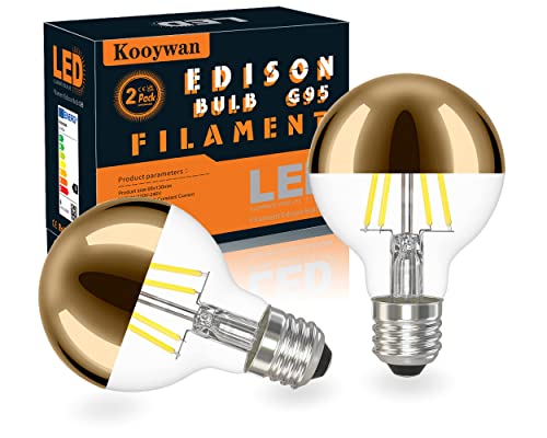 KOOYWAN LED Kopfspiegel Gold G95 E27 Filament Lampe 6 Watt 5000K Warmweiß Goldene Krone Halb Verchromte Schattenlose Glühlampe 2 Stk von KOOYWAN