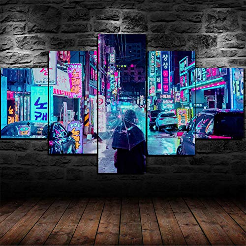 KOPASD - 5 Teiliger - Neon Night City Japan - 200X100 cm - Leinwandbilder - Fertig Aufgespannt - Vlies Leinwand - Kunstdrucke - Wandbild von KOPASD