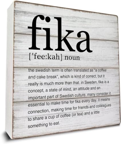 KOPUTE Fika Definition Art Holzkastenschild Fika schwedischer Schreibtisch dekoratives Holzschild Heimdekoration für Schreibtisch 12,7 x 12,7 cm von KOPUTE