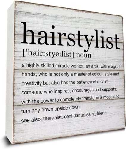 KOPUTE Haarstylist Geschenk Friseur Definition Kunst Holzkiste Schild Friseur Schreibtisch Dekoratives Holzschild Home Hair Salon Dekor für Schreibtisch 12,7 x 12,7 cm von KOPUTE