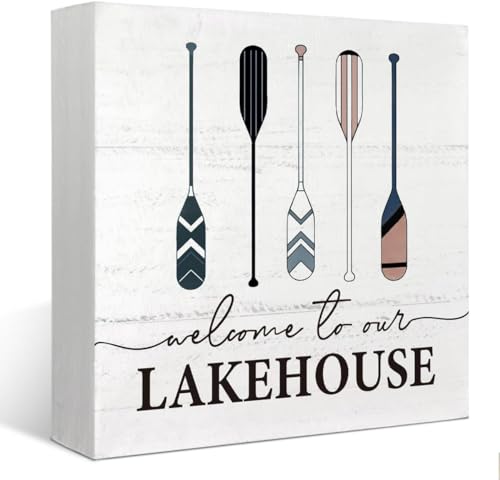 Summer Country Lake Holzkastenschild Dekor Schreibtischschild Seehaus Willkommen an unserem See Hausschild Holzkiste Block Schild Bauernhaus Rustikales Heimregal Wanddekoration 17,8 x 17,8 cm von KOPUTE