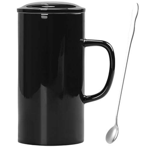 KOPYFANTAP Extra Große Tasse 1200ml，Große Keramik Kaffeetasse mit Deckel und Löffel，Becher Keramik mit Großem Griff für Büro und Zuhause，Spülmaschinenfest,Schwarz von KOPYFANTAP