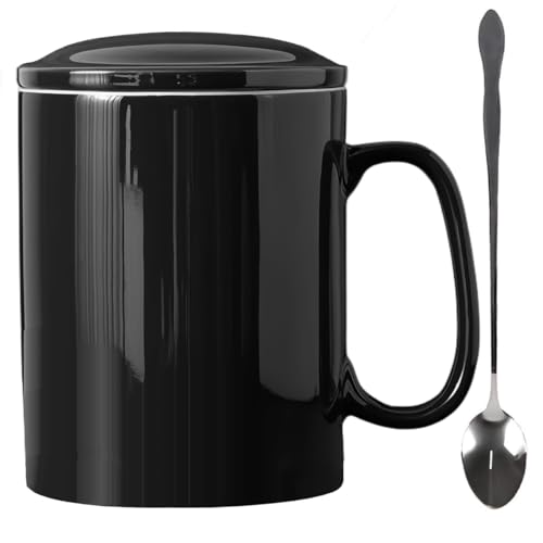 KOPYFANTAP Große Tasse 1000ml, Jumbo Kaffeetasse mit Deckel und Löffel, Riesen Becher Keramik mit Großem Griff für Büro und Zuhause, Spülmaschinenfest, Schwarz von KOPYFANTAP