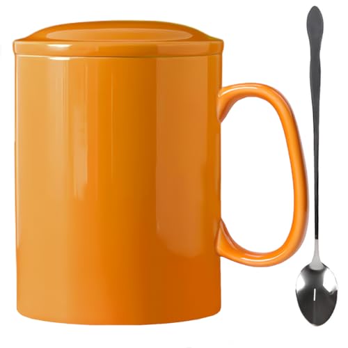 KOPYFANTAP Große Tasse 1000ml,Extra Große Keramik Kaffeetasse mit Deckel und Löffel Becher Keramik mit Großem Griff für Büro und Zuhause, Orange von KOPYFANTAP