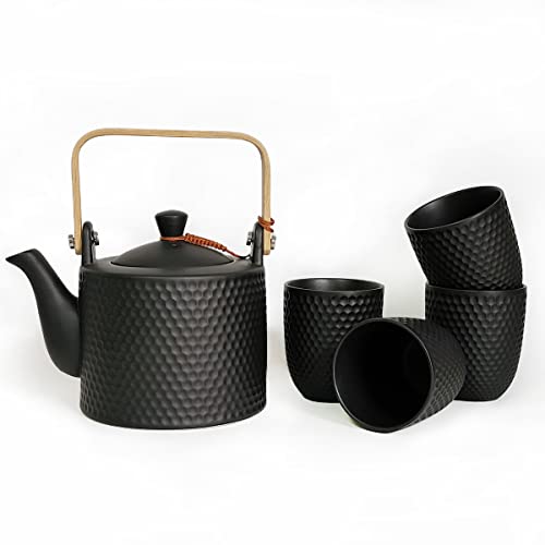 KOPYFANTAP Teekanne Keramik Schwarz, Porzellan Teekanne mit Sieb 900ml mit 4 Teetassen 180ml für Losen Tee,Modern Teeservice aus Hitzebeständiger Keramik und Bambus von KOPYFANTAP