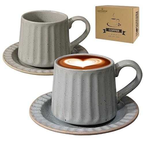 KOPYFANTAP Nostalgische Kaffeebecher 2er Set, 300ML Cappuccino Tassen Steingut, Keramik Kaffeetassen mit Untertassen, Kaffeebecher Geschenke, für Zuhause und Büro, Aschgrau Hybrid von KOPYFANTAP