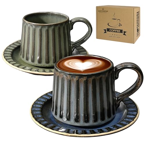 KOPYFANTAP 300ML Cappuccino Tassen Steingut, Vintage Kaffeebecher 2er Set, Keramik Kaffeetassen mit Untertassen, Hochwertige Handgefertigte Kaffeetassen, für Zuhause und Büro, Blau Hybrid von KOPYFANTAP