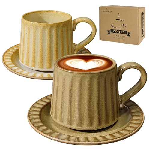 KOPYFANTAP Vintage Kaffeebecher 2er Set, Keramik Kaffeetassen mit Untertassen, 300ML Cappuccino Tassen Steingut, Kaffeebecher Geschenke, für Tee Kaffee Milch Frühstück, Braun Hybrid von KOPYFANTAP