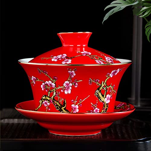 KOPYFANTAP Gaiwan 300ml，Chinesische Teetasse mit Deckel，Porzellan Gaiwan Teetasse mit Reliefmuster für Pflaume，Hochzeit Geschenke，Rot von KOPYFANTAP