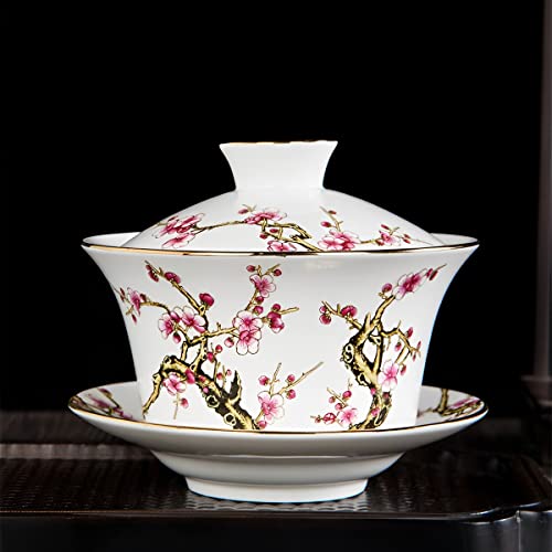 KOPYFANTAP Gaiwan 300ml, Chinesische Teetasse mit Deckel, Traditionelle Porzellan Teebecher mit Reliefmuster für Pflaume, Weiß von KOPYFANTAP
