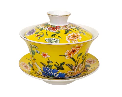 KOPYFANTAP Chinesische Teetasse,Chinesische Teetasse mit Deckel，Porzellan Gaiwan Teetasse，300ml,Gelb von KOPYFANTAP