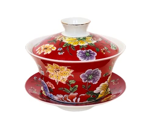 KOPYFANTAP Chinesische Teetasse mit Deckel，Porzellan Gaiwan Teetasse, Kung-Fu-Teetasse, 300ML,Rot von KOPYFANTAP