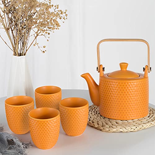KOPYFANTAP Porzellan Teekanne Set,900ml Glänzend Glasiert Japanische kanne,Modern Teeservice aus Hitzebeständiger Keramik und Bambus mit 1 Sieb 4 Teetassen 180ml，Orange von KOPYFANTAP