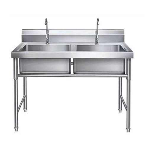 Gewerbliche 2-Kammer-Spüle, Edelstahl Freistehende Doppelspüle Mit Wasserhahn, Für Restaurant, Hof, Bar, Wäscherei(100x60cm/39.4x23.6in) von KOQENAG