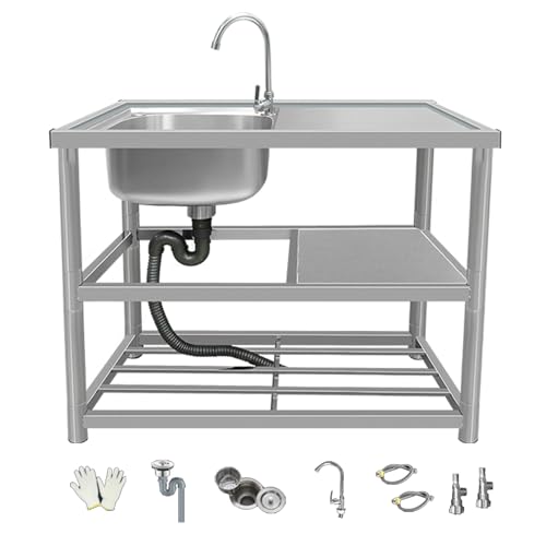 Spüle Für Den Außenbereich, Einschalen-Edelstahlspüle Mit Werkbank Und Ablageflächen, Für Hausküchen, Gärten Und Garagen(Left,100cm/39.4in) von KOQENAG