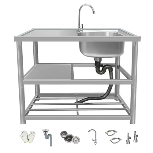 Spüle Für Den Außenbereich, Einschalen-Edelstahlspüle Mit Werkbank Und Ablageflächen, Für Hausküchen, Gärten Und Garagen(Right,110cm/43.3in) von KOQENAG