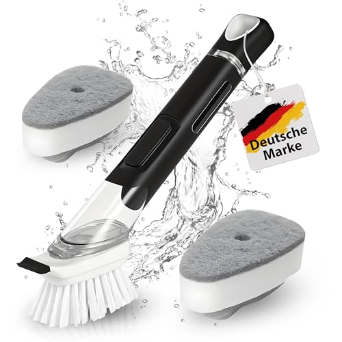Spülbürste mit Spülmittelspender, Küchenbürste, Geschirrbürste, Abwaschbürste, mit Spülmittel befüllbar, Spülbürste schwarz, Set, Schwamm, Topf, Pfanne von KORKENKURLING