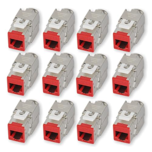 KOSCOM CONNECT 12x Keystone Modul CAT6A in rot | STP RJ45 Einbaubuchse für Netzwerk-Leerdose & Patchpanel | vollgeschirmt I bis zu 10 Gbit/s & 500 MHz | werkzeugfreie Snap-In Montage | AWG 22-25 von KOSCOM CONNECT