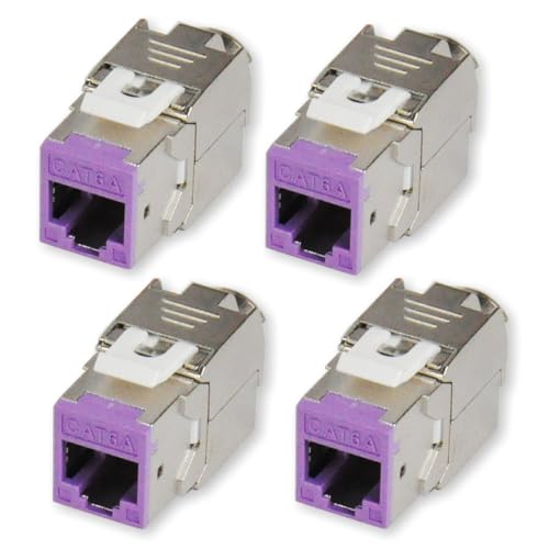 KOSCOM CONNECT 4x Keystone Modul CAT6A in lila | STP RJ45 Einbaubuchse für Netzwerk-Leerdose & Patchpanel | vollgeschirmt I bis zu 10 Gbit/s & 500 MHz | werkzeugfreie Snap-In Montage | AWG 22-25 von KOSCOM CONNECT