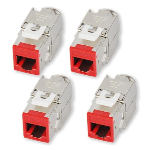 KOSCOM CONNECT 4x Keystone Modul CAT6A in rot | STP RJ45 Einbaubuchse für Netzwerk-Leerdose & Patchpanel | vollgeschirmt I bis zu 10 Gbit/s & 500 MHz | werkzeugfreie Snap-In Montage | AWG 22-25 von KOSCOM CONNECT