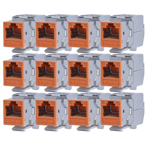 KOSCOM CONNECT 12x Keystone Modul CAT6A in orange | STP RJ45 Einbaubuchse für Netzwerk-Leerdose & Patchpanel | vollgeschirmt I bis zu 10 Gbit/s & 500 MHz | werkzeugfreie Snap-In Montage | AWG 22-25 von KOSCOM CONNECT