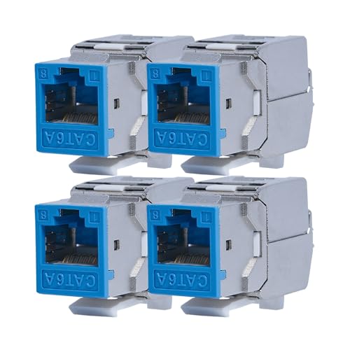 KOSCOM CONNECT 4x Keystone Modul CAT6A in blau | STP RJ45 Einbaubuchse für Netzwerk-Leerdose & Patchpanel | vollgeschirmt I bis zu 10 Gbit/s & 500 MHz | werkzeugfreie Snap-In Montage | AWG 22-25 von KOSCOM CONNECT