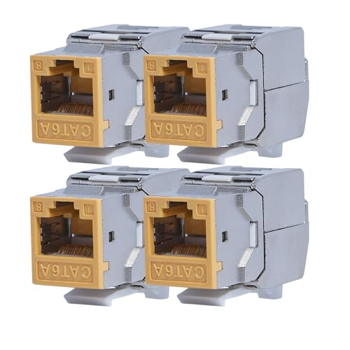 KOSCOM CONNECT 4x Keystone Modul CAT6A in gelb | STP RJ45 Einbaubuchse für Netzwerk-Leerdose & Patchpanel | vollgeschirmt I bis zu 10 Gbit/s & 500 MHz | werkzeugfreie Snap-In Montage | AWG 22-25 von KOSCOM CONNECT