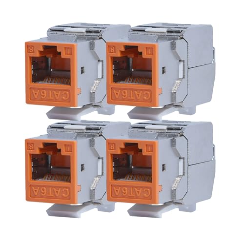 KOSCOM CONNECT 4x Keystone Modul CAT6A in orange | STP RJ45 Einbaubuchse für Netzwerk-Leerdose & Patchpanel | vollgeschirmt I bis zu 10 Gbit/s & 500 MHz | werkzeugfreie Snap-In Montage | AWG 22-25 von KOSCOM CONNECT