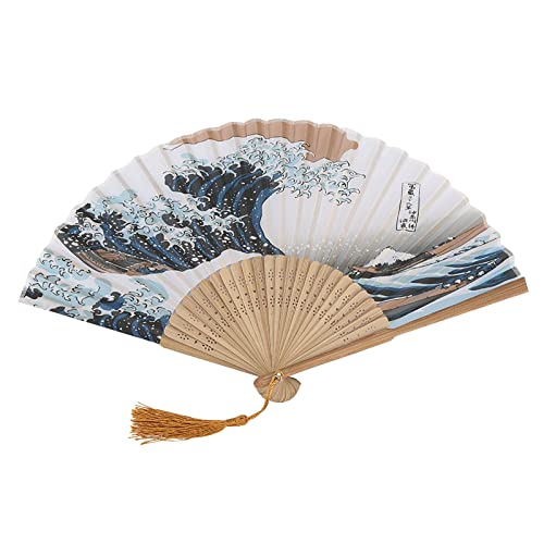 KOSDFOGE Elegant Japanese Style Painted Waves Retro Bamboo Folding Fan For Home Office Decoration (25-blue bones) von KOSDFOGE