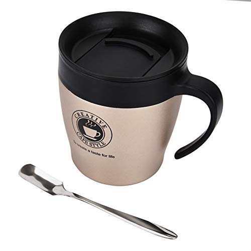 KOSDFOGE Stainless Steel Insulated Coffee Mug Water Cup Spoon Lid Office Travel White Black Golden Rose Gold Silver 330ml 10 * 7.5cm (Gold) von KOSDFOGE