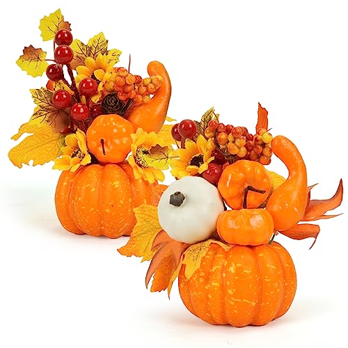 KOSHIFU 2 Stück Künstliche Kürbisse Herbst Deko Kürbis mit Ahornblätter und Sonnenblumen Künstliche Blumen Deko Ornamente für Halloween Thanksgiving Herbstdeko Tischdeko von KOSHIFU