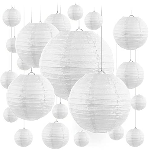 KOSHIFU 20 Stück Papierlaternen Weiß Lampions 15 cm 20 cm 25 cm 30 cm Runde Papierlampe Papier Lampenschirm für Hochzeit Geburtstag Feiern Garten Deko von KOSHIFU