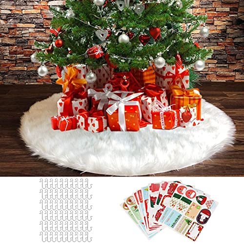 KOSHIFU Weihnachtsbaum Decke Weiss 122cm Rund Weihnachtsbaumdecke Kunstfell Christbaumdecke mit 60 Weihnachtsbaum Haken und 108pcs Aufkleber für Weihnachtsbaum Deko von KOSHIFU