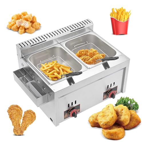 20L Gasfritteuse mit großem Fassungsvermögen – Gewerbe-LGP-Fritteuse mit Zwei Tanks – Gewerbe-Fritteuse aus Edelstahl mit Körben und Deckeln – einstellbare Feuerkraft – für Zuhause und Gewerbe von KOSHSH