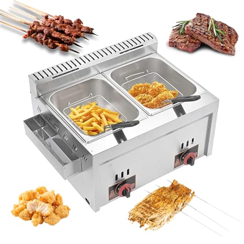 Gas Fritteuse Edelstahl Fritteuse mit doppeltem Tank und rotierendem Fritteusenkopf,Arbeitsplatte Öl Friteuse mit Pommes Körbchen 20 Liter Volumen Doppel Fritteuse für Küche Restaurant Imbissstube von KOSHSH