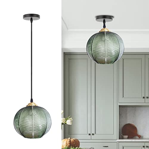 Hängelampe Grün Vintage Pendelleuchte Glas Moderner Retro-Stil Drop Deckenleuchte Hängeleuchte Grüne Lampenschirm mit Messing Lampenfassung Pendelleuchten für Kücheninsel Wohnzimmer, E26(1Pack) von KOSHSH