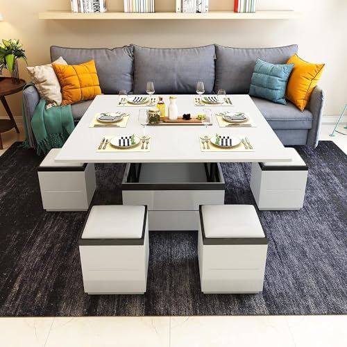 KOSHSH Ausziehbarer Couchtisch mit 4 Aufbewahrungshockern, multifunktionaler Lift-Top-Couchtisch, platzsparender klappbarer Esstisch, Lift-Top-Couchtisch mit Rollen und Schubladen von KOSHSH