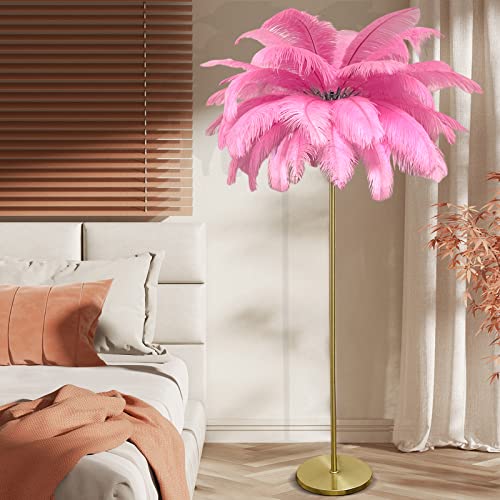 KOSHSH Feder Stehlampe mit 3 Farben dimmbar,Moderne Stehlampe für Wohnzimmer Schlafzimmer Kinderzimmer, Deko Ecke Stehlampe mit Fußschalter G4*6 (pink) von KOSHSH