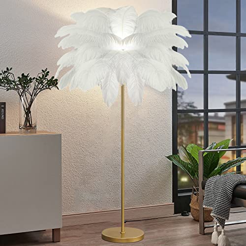 KOSHSH Federlampe Stehlampe Wohnzimmer,Stehlampe Federn Lampe,Palm Tree Straußenfedern Stehlampen,1,6m Hoch 3 Farben Dimmbar,Wohn/Schlafzimmer mit Knopfschalter Dekorbeleuchtung (White) von KOSHSH