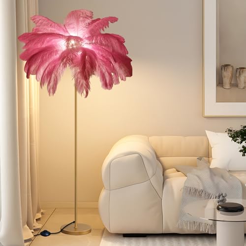 KOSHSH Federlampe Stehlampe Wohnzimmer Gold, 160CM LED Feder Stehlampe Mit 3-Farbig Dimmbarem Moderne Stehlampe Mit Federn Für Schlafzimmer (Rosa) von KOSHSH