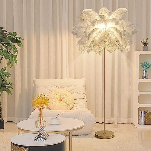 KOSHSH Federlampe Stehlampe Wohnzimmer Gold, 160CM LED Feder Stehlampe Mit 3-Farbig Dimmbarem Moderne Stehlampe Mit Federn Für Schlafzimmer (Weiß) von KOSHSH